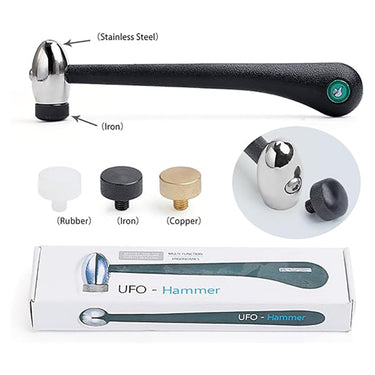 UFO jewelry hammer labeled diagram showing stainless steel head, rubber, iron, and copper heads.
