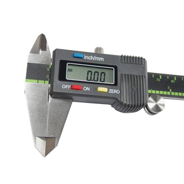 Close-up view of a UPM digital caliper LCD screen displaying a zeroed readout with measurement control buttons.