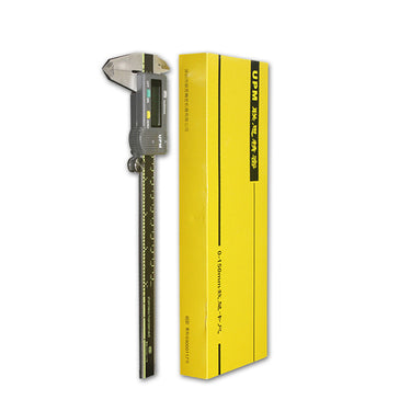 Vertical presentation of a UPM electronic digital caliper alongside its yellow rectangular packaging box.