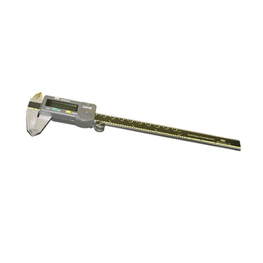 An angled view of a UPM electronic digital caliper showing the carbon fiber pattern style beam and measuring jaws.