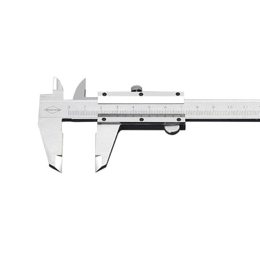 Close-up view of the internal and external measuring jaws and slider mechanism of a manual vernier caliper.