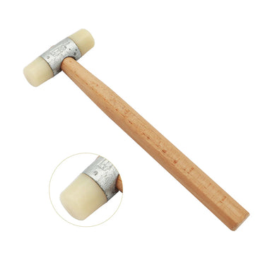 White nylon head mallet with natural wood handle and inset close up of 27mm non marring face.
