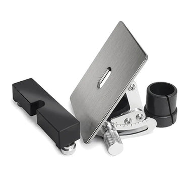 WOLF TOOLS adjustable trimmer with the stainless steel table tilted to show the angle scale.