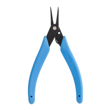Front view of Xuron bent chain nose pliers with blue handles open.