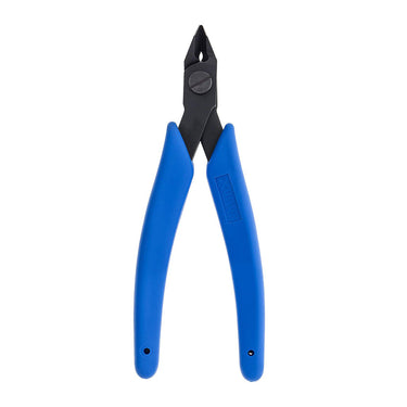 Xuron tapered head micro-shear flush cutter in a closed position, top view.