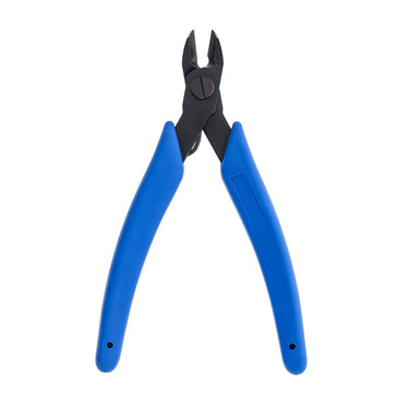 Front view of Xuron oval head flush cutter with ergonomic blue rubber grips.