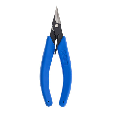 Top-down view of a Xuron high durability scissor showing the blue handle and spring return mechanism.