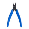 Front view of Xuron tapered head micro-shear flush cutter with blue handles.